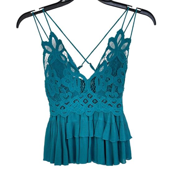 Free People Intimately X-Small Adella Cami Top Teal Ruffle Crochet Lace Smocked - Picture 1 of 8